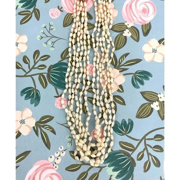 VTG 10k Gold Rice Pearl 6 Strand Necklace with 925 Dangle Earrings 18" Long - Picture 9 of 16